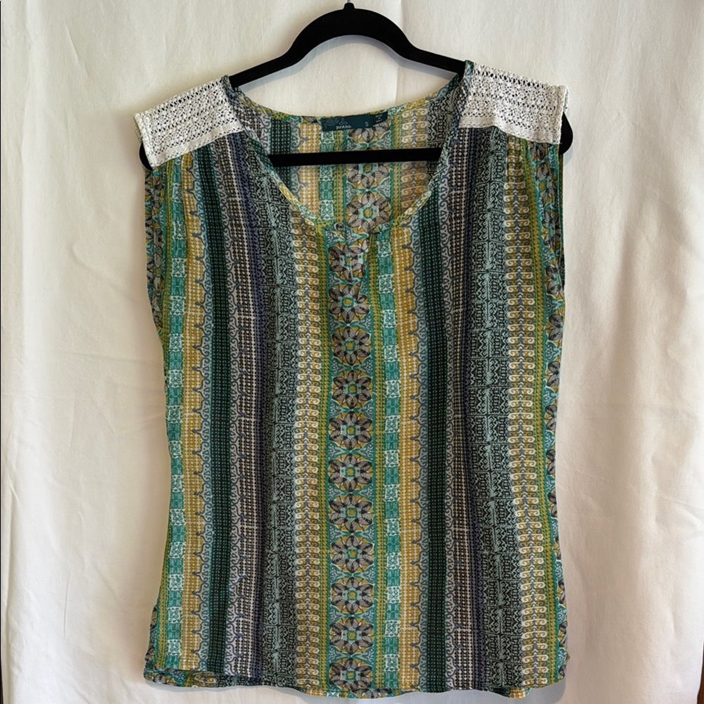 prAna Green and Blue Sleeveless Graphic Blouse